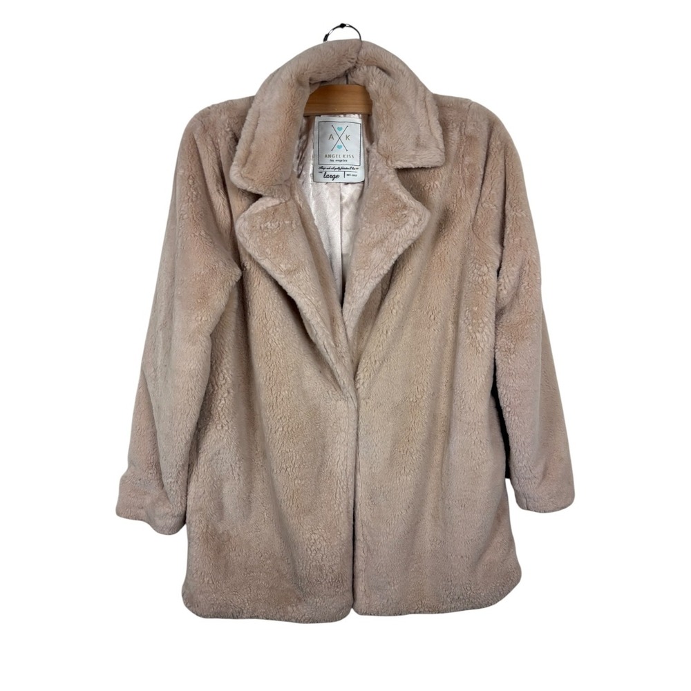 Angel Kiss Faux Fur Coat Womens Sz L Blush Pink Plush Teddy Jacket Notch Lapel